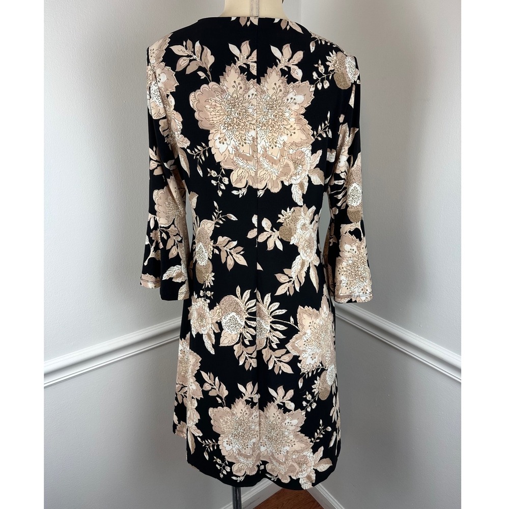 TOMMY HILFIGER Black & Beige Floral Lightweight Shift Dress 3/4 Bell Sleeves | 8 - Picture 6 of 11
